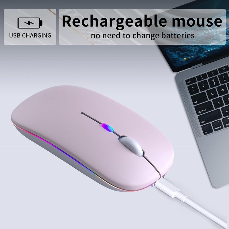 KANMABPC Wireless Bluetooth Mouse – Rechargeable, Silent, Dual Mode (Bluetooth 5.2 & USB) with LED Lights – Portable for Laptop, Desktop, & Tablet(Pink) - Image 3